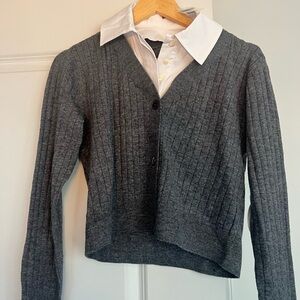 STAUD Gray V-Neck Ribbed Sweater